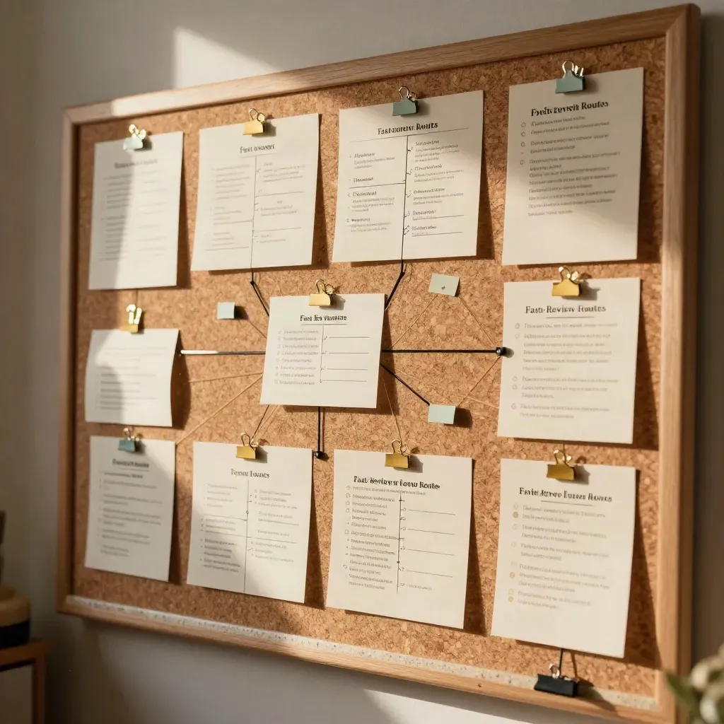 Tablero de corcho con tarjetas de temario y clips dorados, luz cálida de tarde.