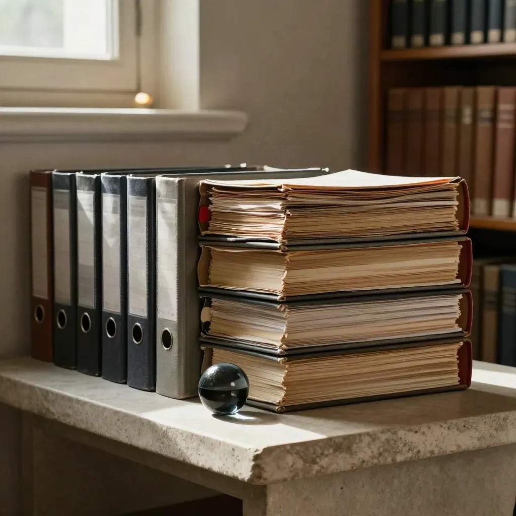 Libros jurídicos y archivadores con pestañas sobre un banco de piedra en una sala de archivo.